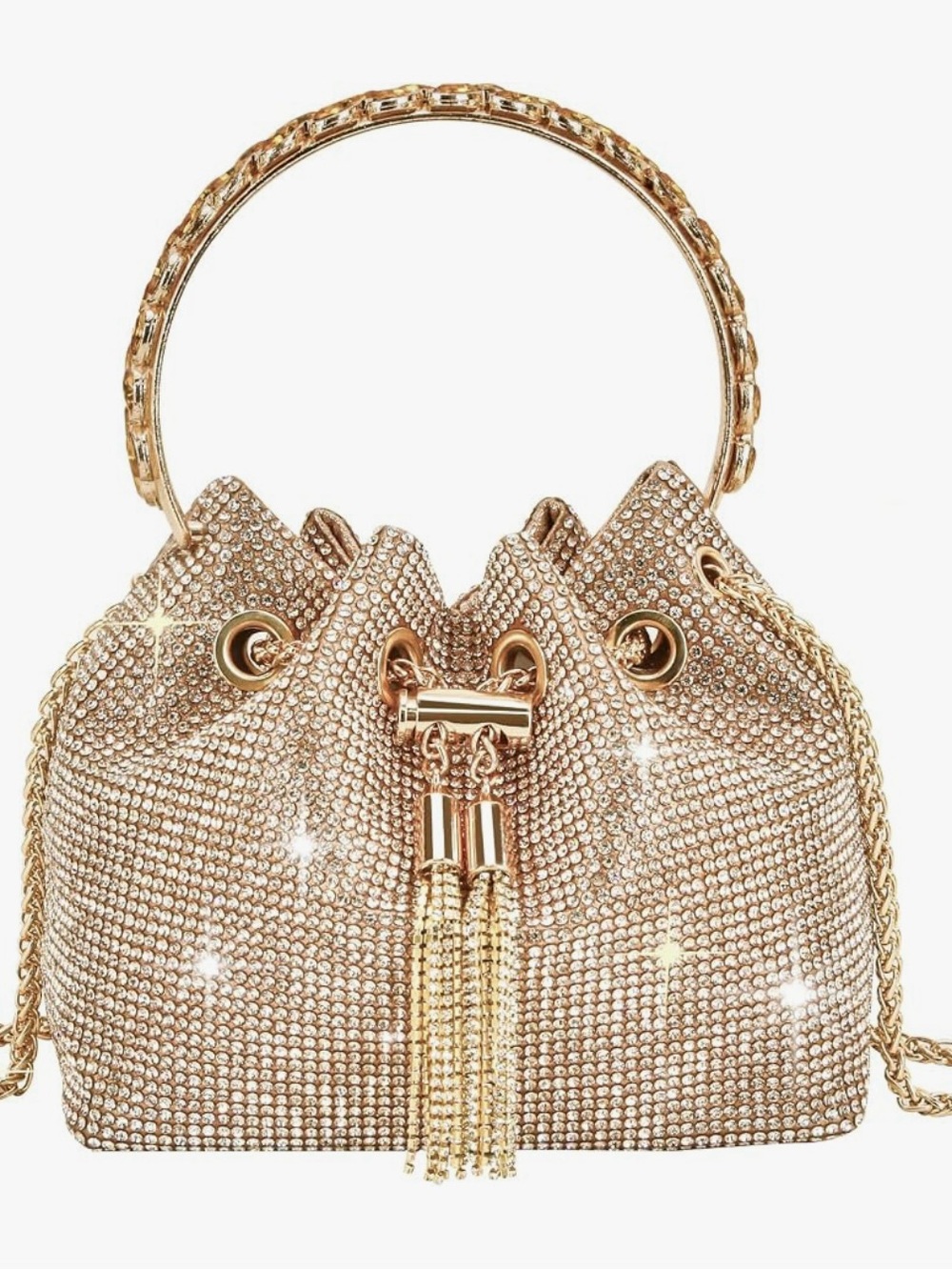 Gold Crystal-Embellished Drawstring Mini Bucket Bag with Tassel